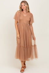 Camel Dotted Tulle Smocked Maternity Midi Dress