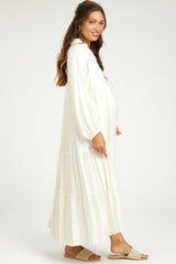 Ivory Button Front V-Neck Ruffle Tiered Maternity Midi Dress